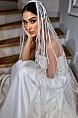 Amber Çizgisel Dantel İşlemeli Özel Tasarım Uzun Duvak - Mediha Cambaz Bridal