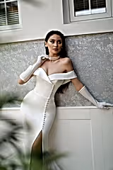 Balanche Kayık Yaka Yırtmaçlı Düz Kesim Gelinlik - Mediha Cambaz Bridal