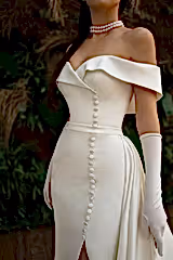 Balanche Kayık Yaka Yırtmaçlı Düz Kesim Gelinlik - Mediha Cambaz Bridal