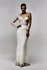 Distinct Özel Dokulu Fransız Danteli Tek Omuz Düz Sade Gelinlik - Mediha Cambaz Bridal