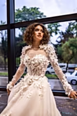 Flamenco Üç Boyut Çiçekli Portatif Uzun Kollu A Kesim Gelinlik - Mediha Cambaz Bridal