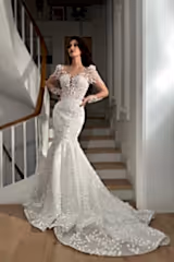 Isla Üç Boyutlu Dantel V Yaka Balık Gelinlik - Mediha Cambaz Bridal