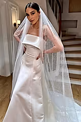 Joanne Kırık Beyaz Büzgülü Simli Uzun Duvak - Mediha Cambaz Bridal
