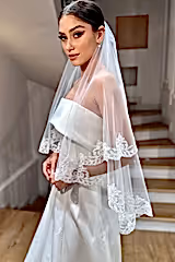 Joel Kenar Ucu Dantelli Kırık Beyaz Kısa Kloş Duvak - Mediha Cambaz Bridal