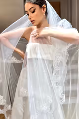 Joelin Kırık Beyaz Kenar Ucu Dantelli Uzun Kloş Duvak - Mediha Cambaz Bridal
