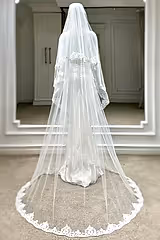 Joelin Kırık Beyaz Kenar Ucu Dantelli Uzun Kloş Duvak - Mediha Cambaz Bridal