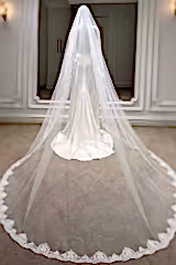Laures Kenar Ucu Dantelli Kırık Beyaz Uzun Rahibe Duvak - Mediha Cambaz Bridal