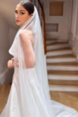 Lucy Kırık Beyaz Büzgülü Saydam Uzun İpek Tül Duvak - Mediha Cambaz Bridal
