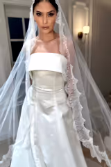 Meusa Fransız Dantelli Oval Uzun Rahibe Duvak - Mediha Cambaz Bridal