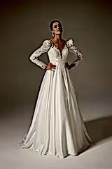 Minso Saten Drapeli Uzun Kol A Kesim Gelinlik - Mediha Cambaz Bridal
