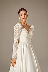 Minso Saten Drapeli Uzun Kol A Kesim Gelinlik - Mediha Cambaz Bridal