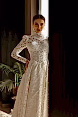 Misty Çiçek Desenli Hakim Yaka Uzun Kollu A Kesim Gelinlik - Mediha Cambaz Bridal