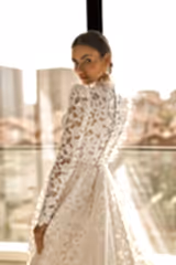 Misty Çiçek Desenli Hakim Yaka Uzun Kollu A Kesim Gelinlik - Mediha Cambaz Bridal