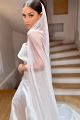 Penny Kırık Beyaz Taraklı Uzun Sade İpek Tül Duvak - Mediha Cambaz Bridal
