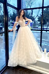 Rachel Baskılı Tül Düşük Kol A Kesim Gelinlik - Mediha Cambaz Bridal
