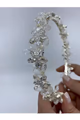 Şeffaf Damla Kristalli Çiçek Desenli Taşlı Zarif İnce Gelin Tacı - Mediha Cambaz Bridal