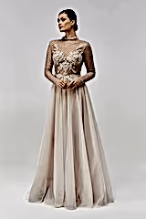 Silver Swarovski Kasnak File Detaylı Uzun Kollu Gri Metalik Gelinlik - Mediha Cambaz Bridal