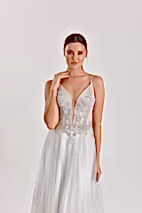Sky Simli Tül V Yaka Düz Kesim Gelinlik - Mediha Cambaz Bridal