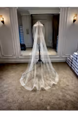 Uzun Rahibe Dalgalı Görünümlü Materyalli Hayal Tül Kırık Beyaz Duvak 250 cm - Mediha Cambaz Bridal