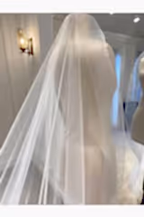 Uzun Rahibe Dalgalı Görünümlü Materyalli Hayal Tül Kırık Beyaz Duvak 250 cm - Mediha Cambaz Bridal