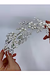 Yaprak Dallı Zirkon Taşlı İncili Gümüş Telli Saç Aksesuarı - Mediha Cambaz Bridal